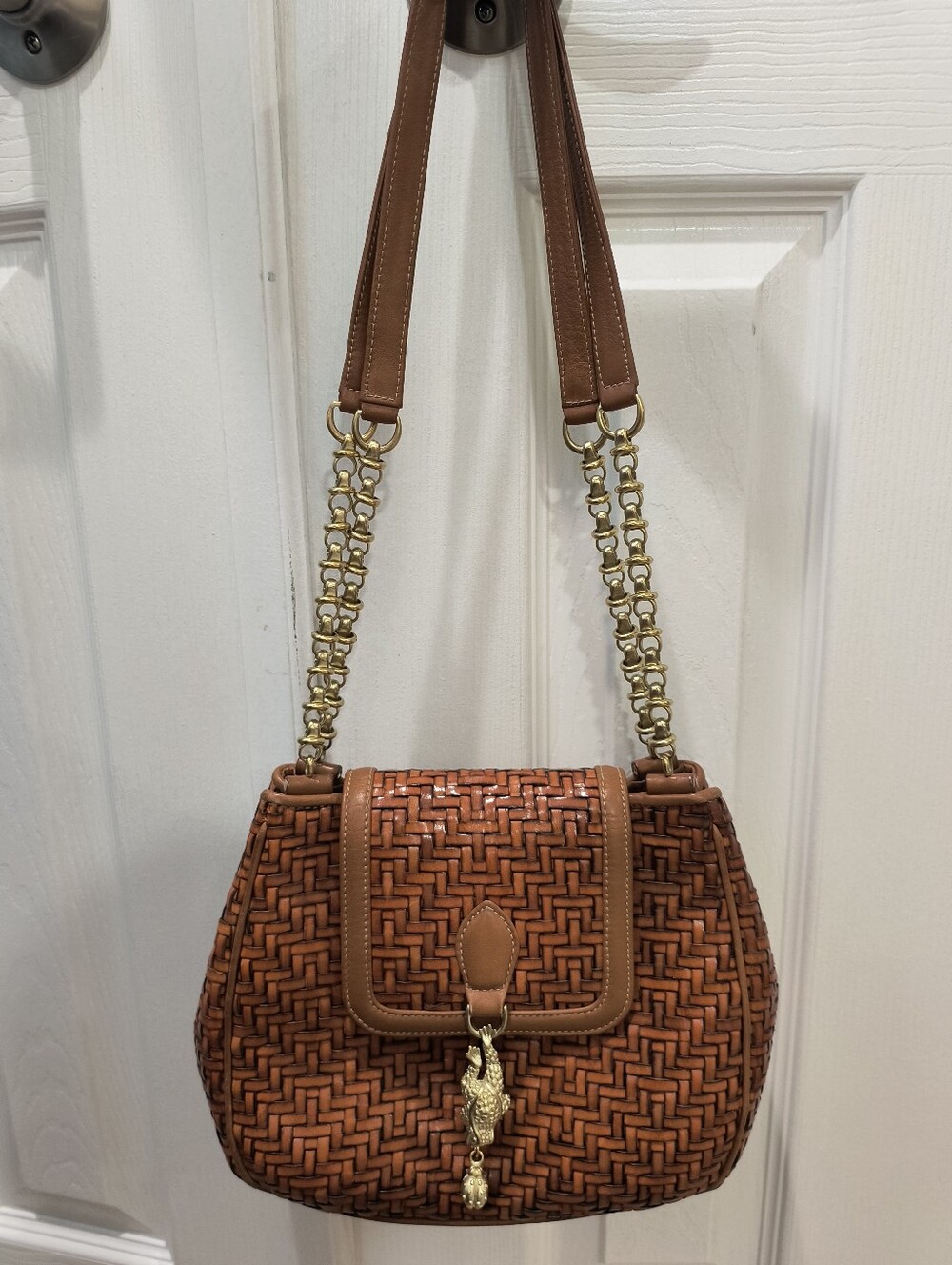 Vintage Barry Kieselstein-Cord Woven Leather Frog Shoulder Bag